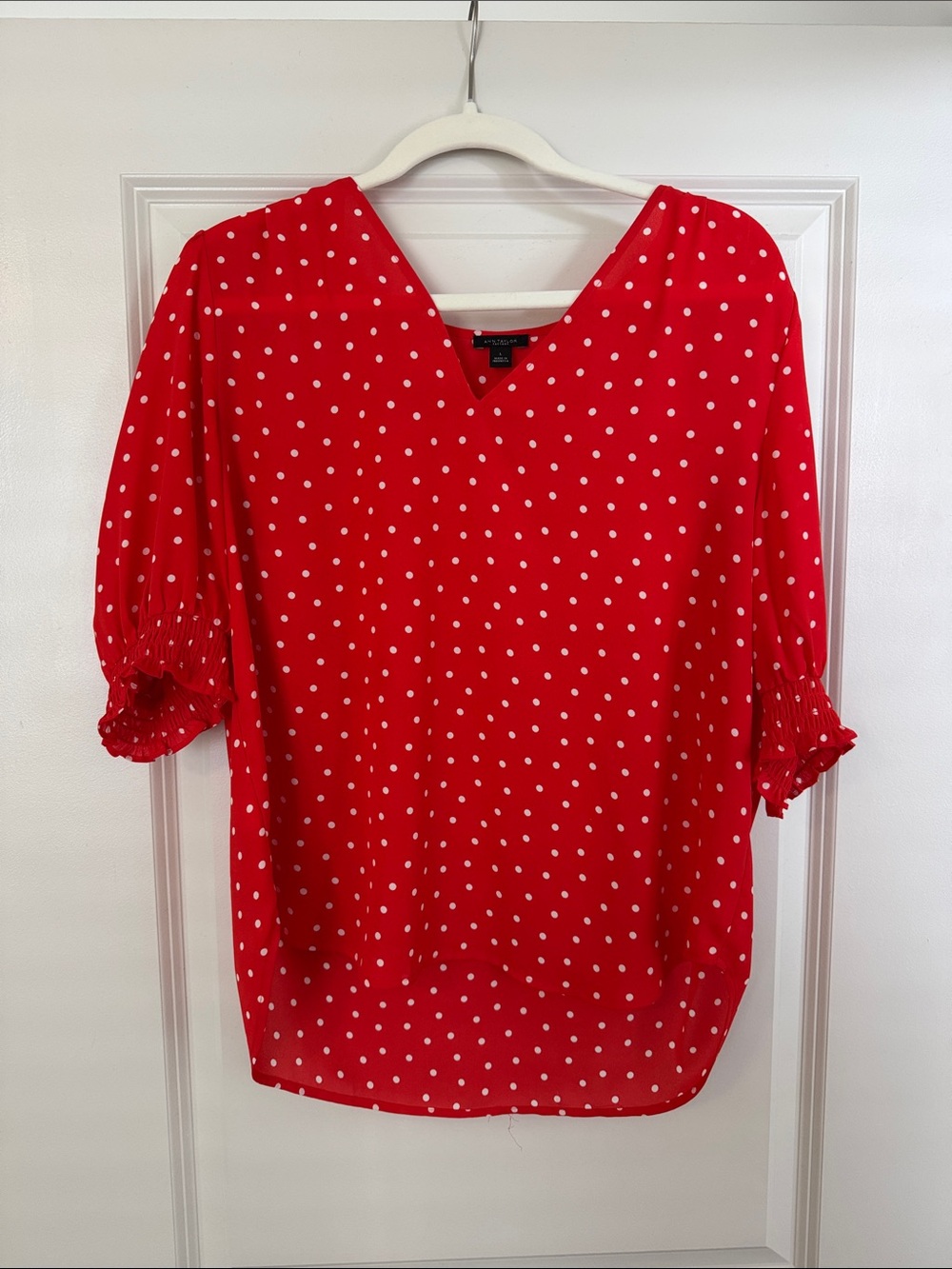 Ann Taylor Red Polka Dot V-Neck Blouse with Ruffle Sleeves